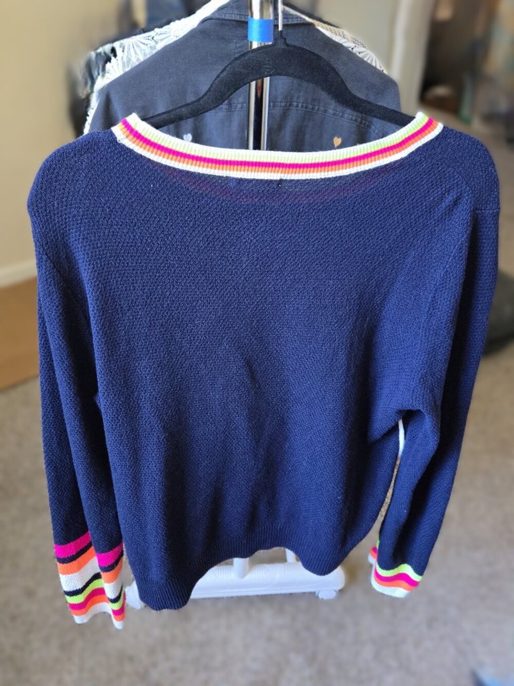 Lisa Todd Navy Blue Sweater Neon Rainbow Trim Women's Size M Cotton Knit